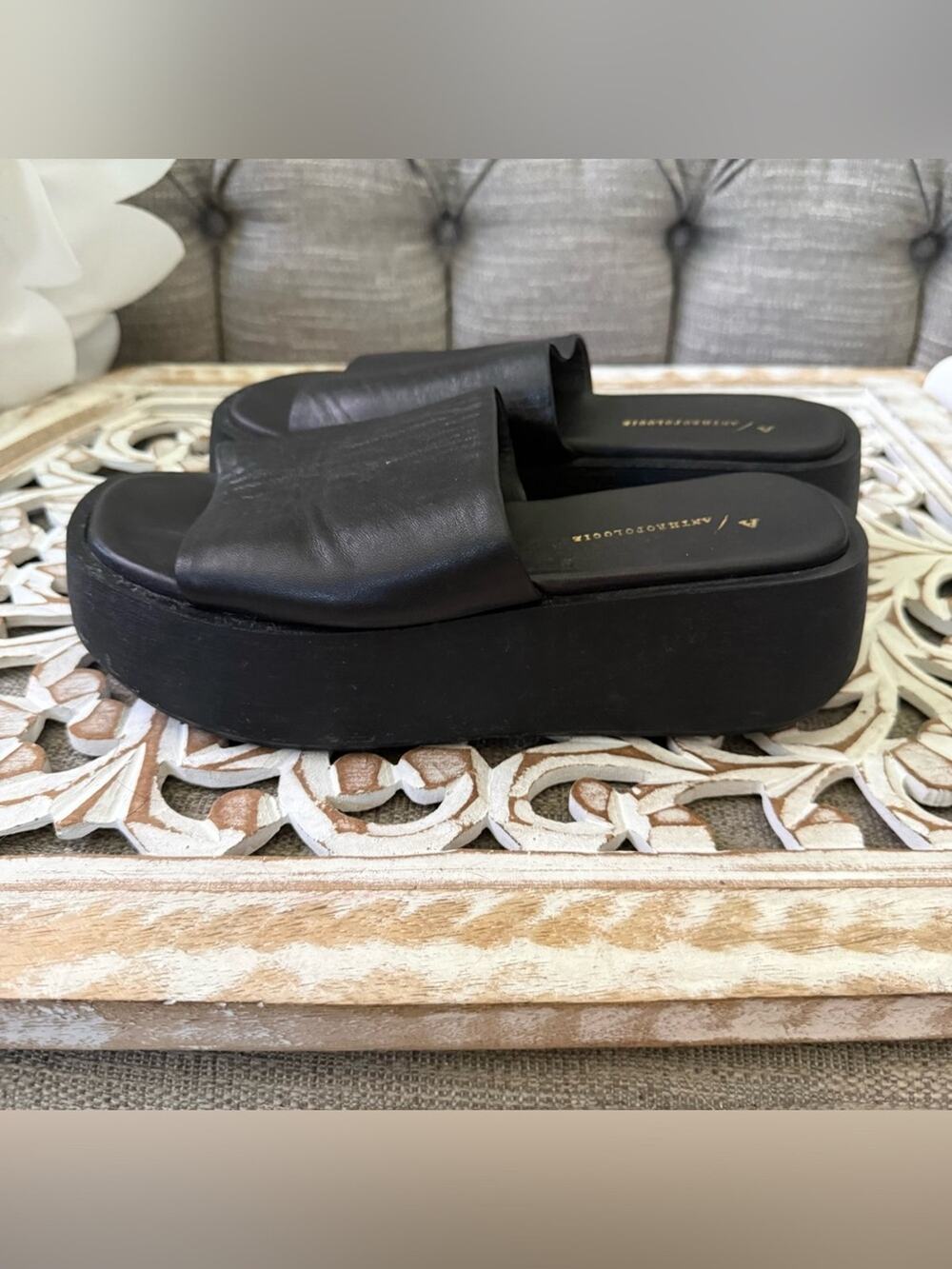 Anthropology Black Platform Slides Sandals Women’s 38 7.5
